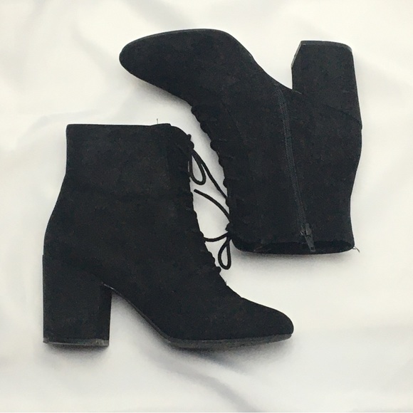 Shoes - BLACK FAUX SUEDE STACKED HEEL BOOTS